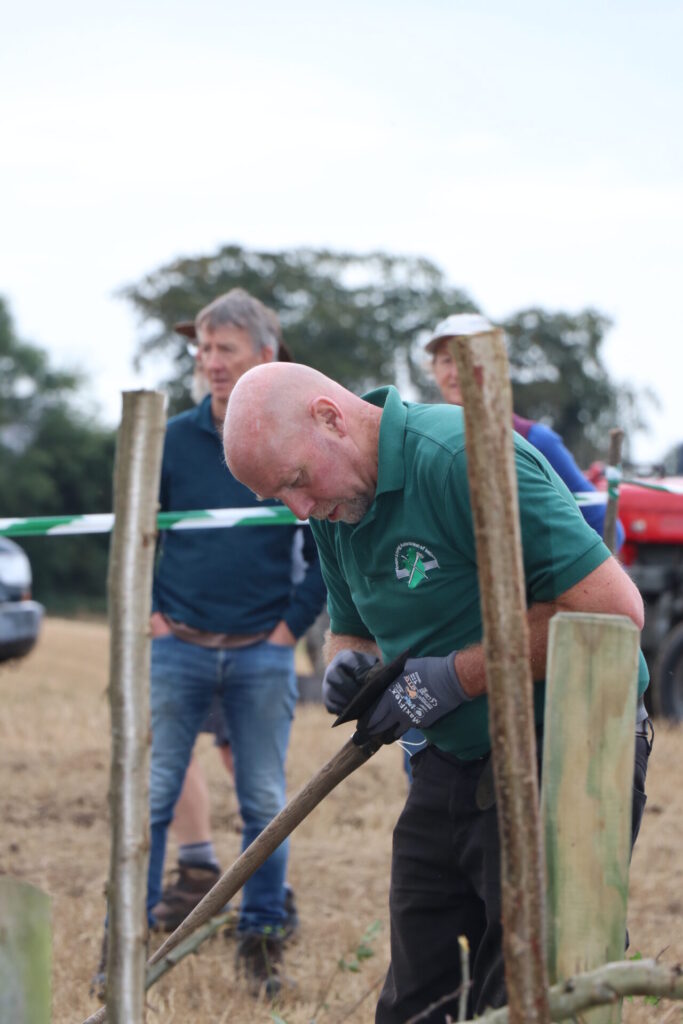 A person in a green t-shirt, black trousers and grey gloves sharpening an axe on a stubble field. There are people standing watching in the background.