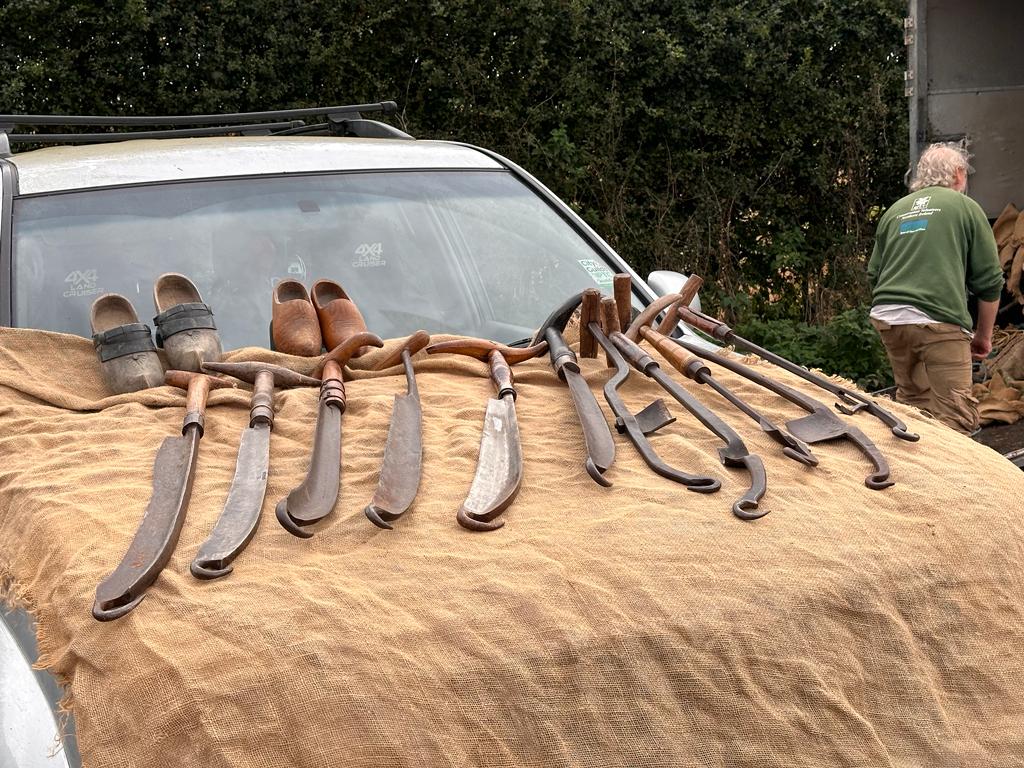 Old tools and clogs displayed on top of a car.